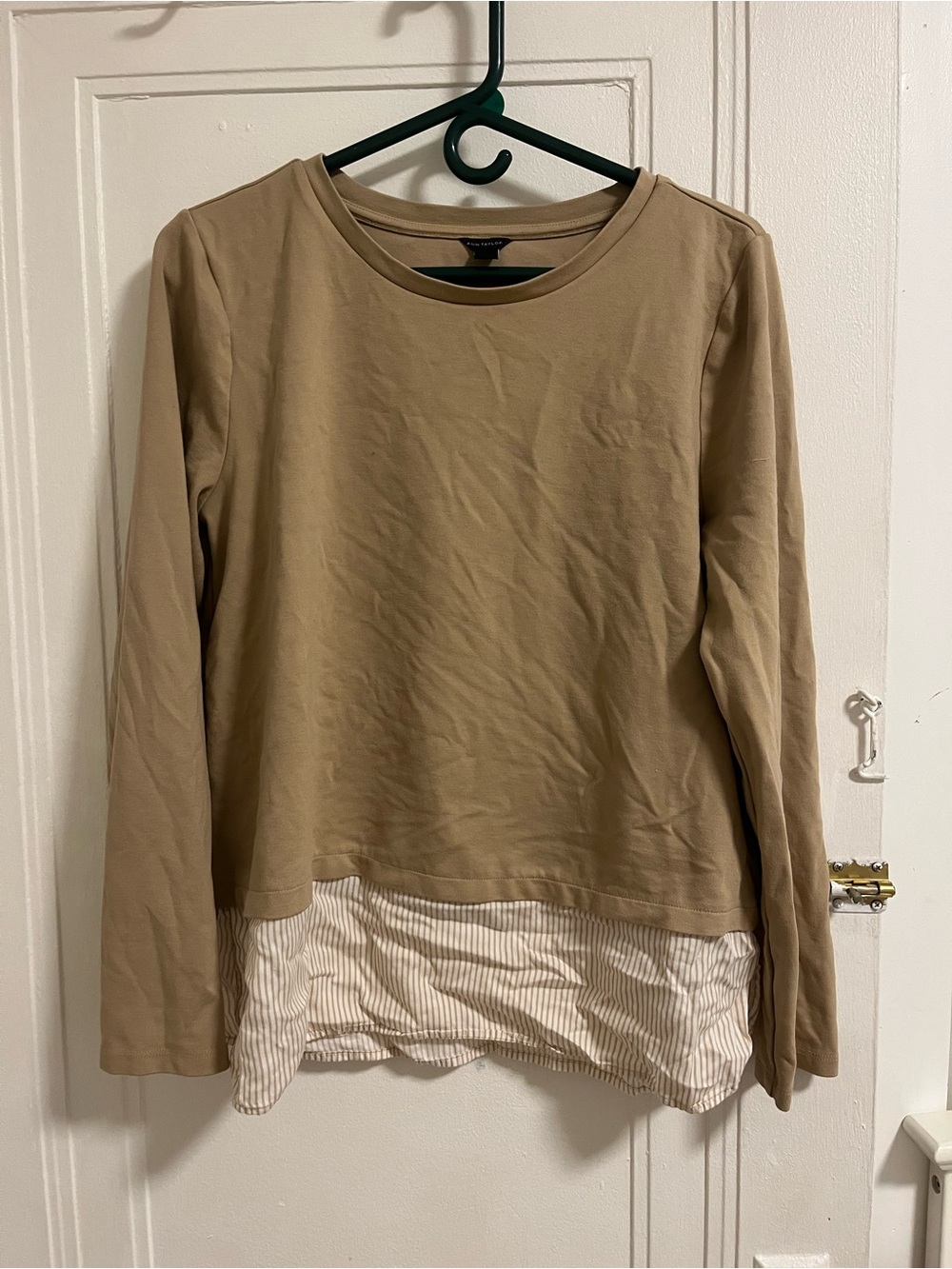 Ann Taylor Layered Tan Sweatshirt with Cream Striped Hem